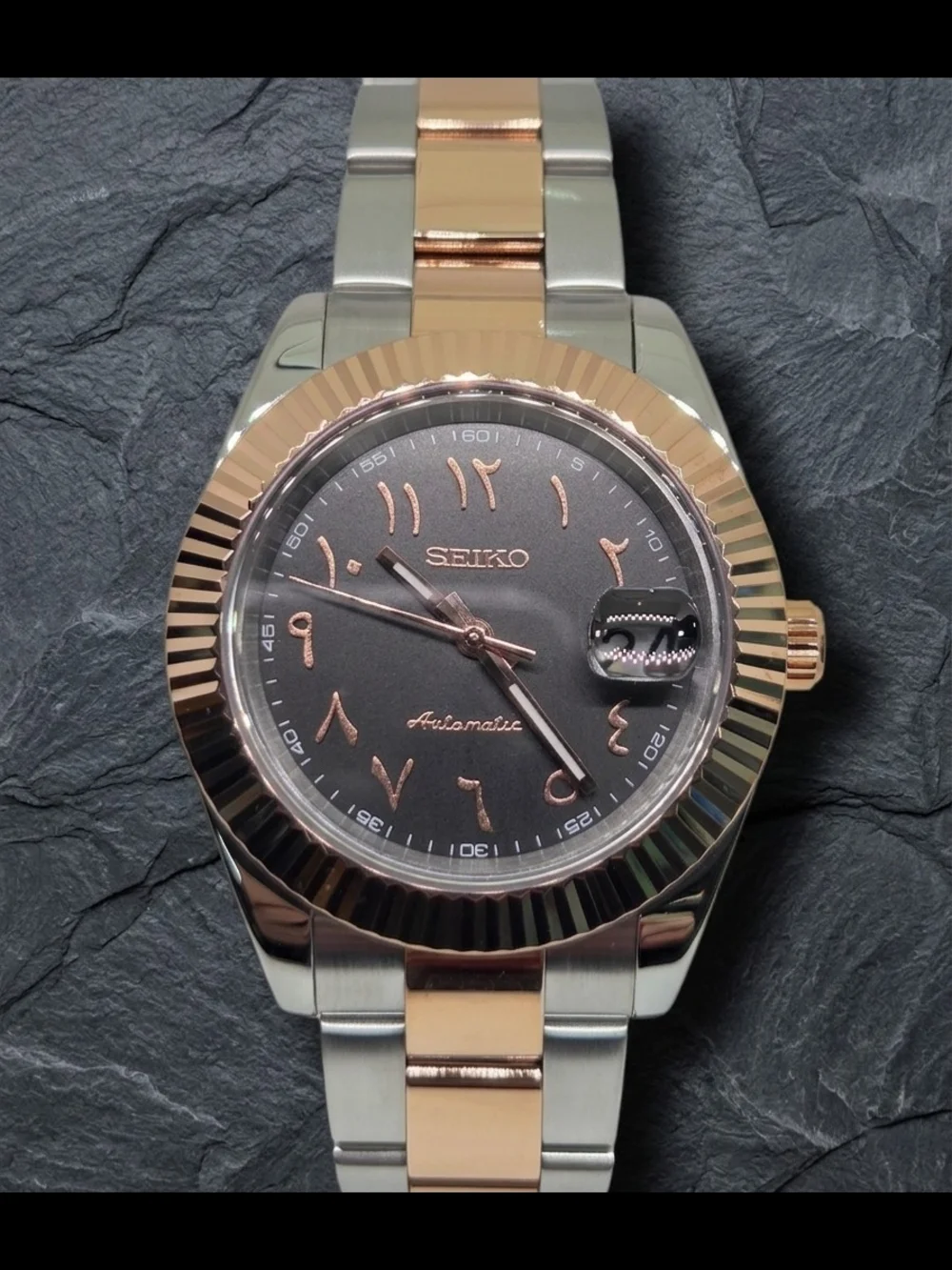 Custom 39mm Automatic Seiko Mod Watch Two Tone Datejust Black Dial NH35